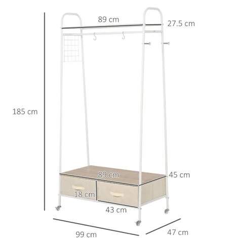 HOMCOM Rolling Coat Rack Clothes Stand Garment Storage Shelf W/ 2 Drawers Metal - Image 2