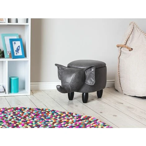 Modern Faux Leather Stool Storage Solid Wood Animal Dark Grey Elephant - Image 2