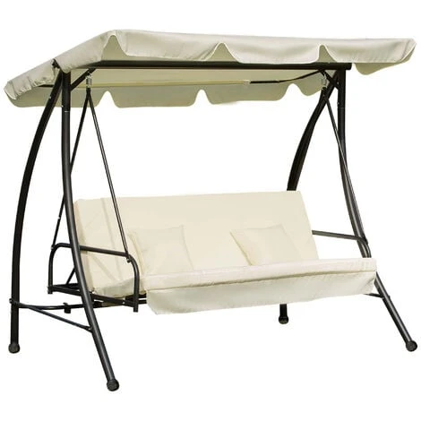 Outsunny 2-in-1 Garden Swing Chair For 3 Person W/ Tilting Canopy, Cream White