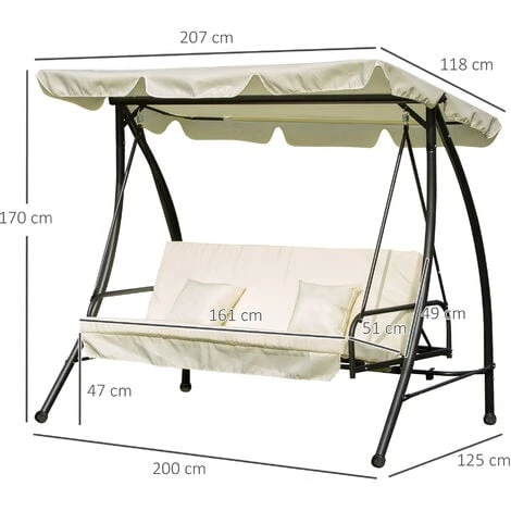 Outsunny 2-in-1 Garden Swing Chair For 3 Person W/ Tilting Canopy, Cream White - Image 2