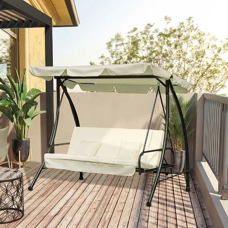 Outsunny 2-in-1 Garden Swing Chair For 3 Person W/ Tilting Canopy, Cream White - Image 3