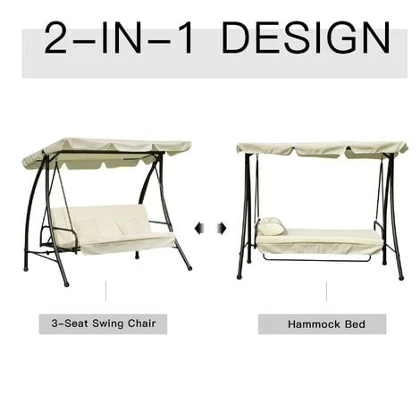 Outsunny 2-in-1 Garden Swing Chair For 3 Person W/ Tilting Canopy, Cream White - Image 4