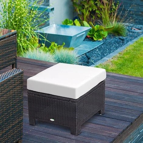 Outsunny Rattan Footstool Wicker Ottoman W/ Padded Seat For Backyard Garden Black - Image 3