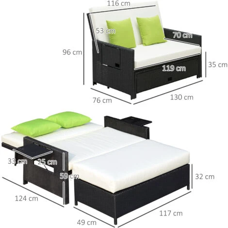 Outsunny 2 Seater Garden Patio Outdoor Rattan Furniture Sofa Sun Lounger Black - Image 2