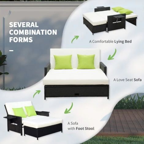 Outsunny 2 Seater Garden Patio Outdoor Rattan Furniture Sofa Sun Lounger Black - Image 5