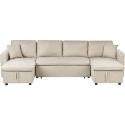 Fabric Corner Sofa Bed Beige Polyester U-Shaped Storage Convertible Sommen