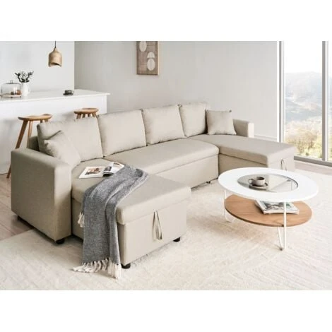 Fabric Corner Sofa Bed Beige Polyester U-Shaped Storage Convertible Sommen - Image 2