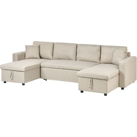 Fabric Corner Sofa Bed Beige Polyester U-Shaped Storage Convertible Sommen - Image 4