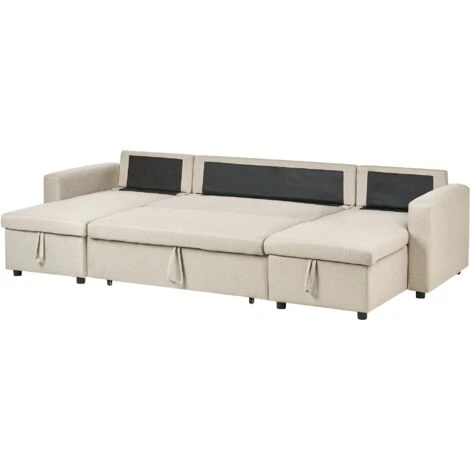 Fabric Corner Sofa Bed Beige Polyester U-Shaped Storage Convertible Sommen - Image 5