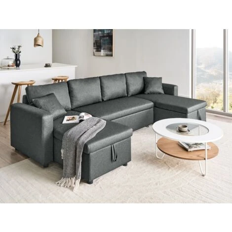 Fabric Corner Sofa Bed Dark Grey Polyester U-Shaped Storage Convertible Sommen - Image 2