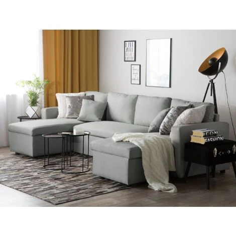 Fabric Corner Sofa Bed Grey Polyester U-Shaped Storage Convertible Sommen - Image 2