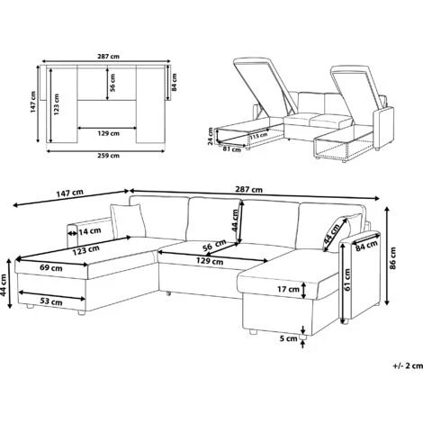 Fabric Corner Sofa Bed Grey Polyester U-Shaped Storage Convertible Sommen - Image 3