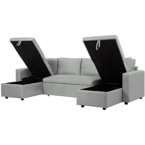 Fabric Corner Sofa Bed Grey Polyester U-Shaped Storage Convertible Sommen - Image 5