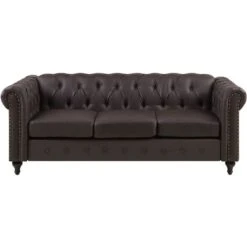 Vintage Faux Leather 3 Seater Sofa Dark Brown Buttoned Scroll Arms Chesterfield