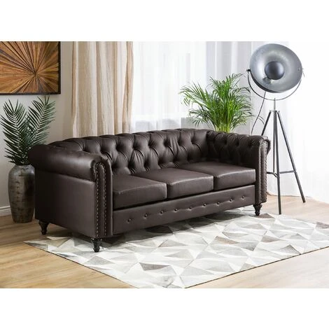Vintage Faux Leather 3 Seater Sofa Dark Brown Buttoned Scroll Arms Chesterfield - Image 2