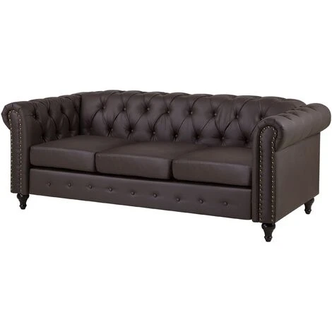 Vintage Faux Leather 3 Seater Sofa Dark Brown Buttoned Scroll Arms Chesterfield - Image 4
