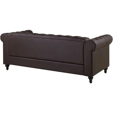 Vintage Faux Leather 3 Seater Sofa Dark Brown Buttoned Scroll Arms Chesterfield - Image 5