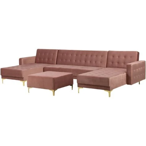 Modular U-Shaped Corner Sofa Bed 2 Chaises Ottoman Pink Velvet Aberdeen - Image 4