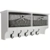 HALLWAY - Wall Storage Shelf With 2 Baskets And 5 Coat Hooks - White / Grey