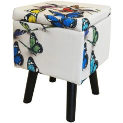 BUTTERFLY - Contemporary Retro Square Padded Storage Stool - Cream / Multi