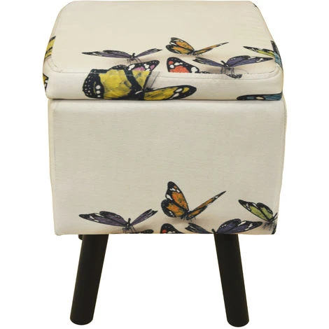 BUTTERFLY - Contemporary Retro Square Padded Storage Stool - Cream / Multi - Image 2