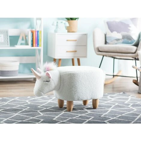 Modern Fabric Stool Nursery Children Room Solid Wood Legs Animal White Unicorn - Image 2