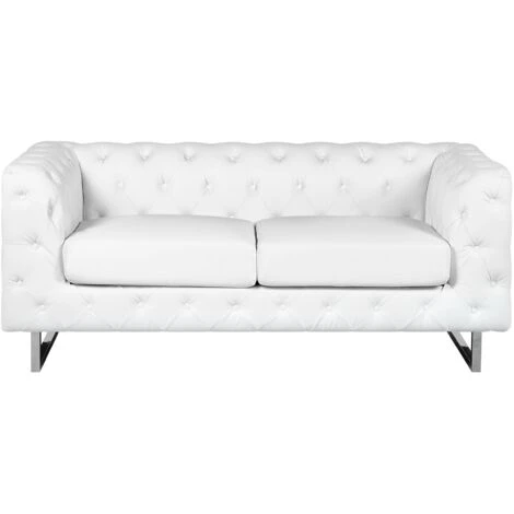 2 Seater Sofa Faux Leather Button Tufting Chesterfield Style White Vissland