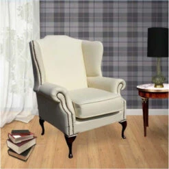 Chesterfield Mallory Saxon Flat Wing High Back Wing Chair UK Manufactured Cottonseed Cream Leather
