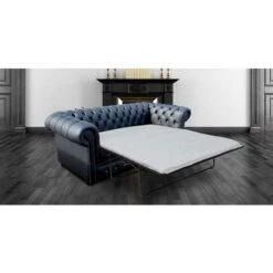 Chesterfield 3 Seater Black Leather SofaBed Grey Buttons Offer