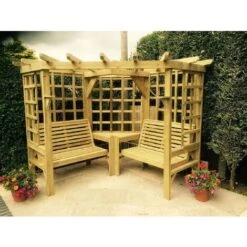 Clementine Corner Arbour- 4 Seat Garden Arbour, Wooden Pergola Seat, Pressure Treated Timber Pergola With Two Benches And Coffee Table, Outdoor Seating Area