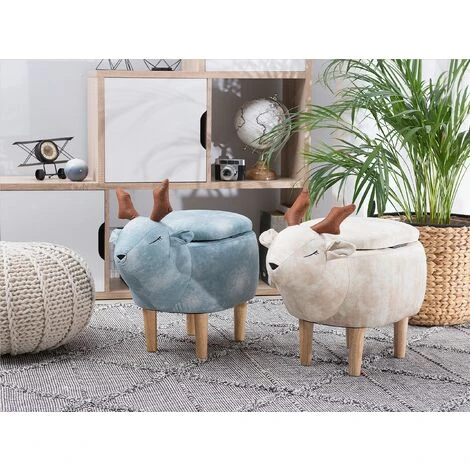 Modern Fabric Stool Pouffe Nursery Solid Wood Legs Animal Beige Reindeer - Image 2