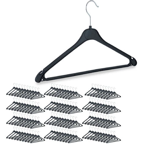Set Of 120 Relaxdays Clothes Hangers With Pants Rail, Shirts, Blouses, Skirts, Dresses, Swivel Hooks, Plastic, Black