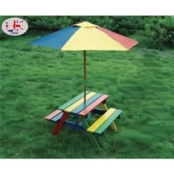 Children's Wooden Rainbow 2 In 1 Kids Picnic Table And Parasol Set
