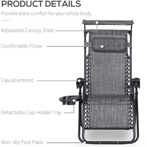 Outsunny Zero Gravity Chair Adjustable Patio Lounge W/ Cup Holder Grey - Image 4