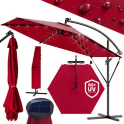 Garden Sun Parasol LED Ø300cm Hanging Umbrella Banana Cantilever Lights Patio Red