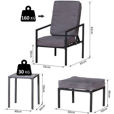 Outsunny 5pcs Garden Recliner Sofa Footstool Coffee Table Set W/ Cushion - Image 2