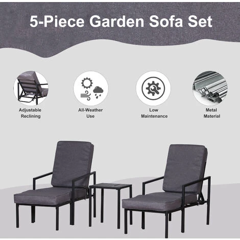 Outsunny 5pcs Garden Recliner Sofa Footstool Coffee Table Set W/ Cushion - Image 4