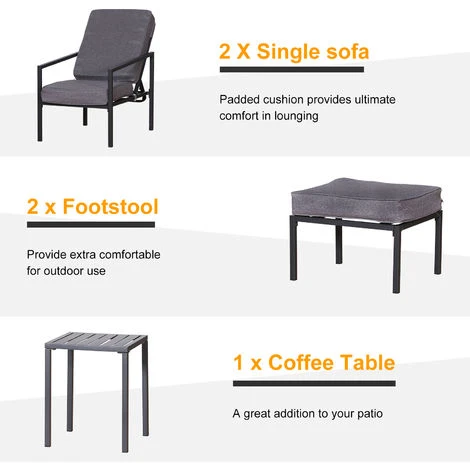 Outsunny 5pcs Garden Recliner Sofa Footstool Coffee Table Set W/ Cushion - Image 5