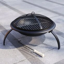 Round Steel Fire Pit BBQ Grill Patio Garden Bowl Outdoor Camping Heater Log Burner
