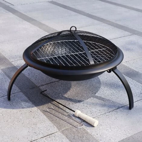 Round Steel Fire Pit BBQ Grill Patio Garden Bowl Outdoor Camping Heater Log Burner