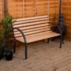 Slatted Garden Bench 3 Seater Outdoor Solid Wood & Steel
