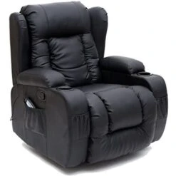 CAESAR 10 IN 1 WINGED LEATHER RECLINER CHAIR ROCKING MASSAGE SWIVEL HEATED BLACK