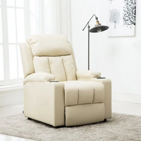 STUDIO LEATHER RECLINER W DRINK HOLDERS ARMCHAIR SOFA CHAIR CINEMA GAMING CREAM - Image 2