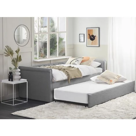 Modern Fabric EU Single Trundle Bed Frame Buttoned 3ft Light Grey Libourne - Image 2
