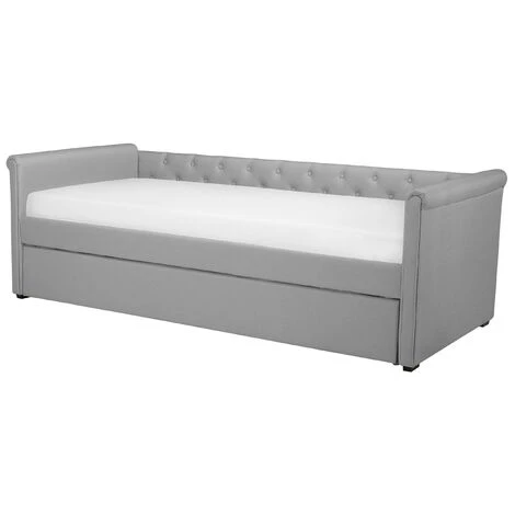 Modern Fabric EU Single Trundle Bed Frame Buttoned 3ft Light Grey Libourne - Image 4