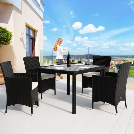 Casaria Poly Rattan Garden Furniture Dining Table Chairs Set 4/ 6/ 8 Seater Cushions WPC Black Patio Outdoor Balcony Terrace Wicker Conservatory 4+1 - Image 3