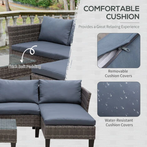 Outsunny 3 PCs Rattan Outdoor Set Cushion L Shape Corner Sofa Coffee Table - Image 5