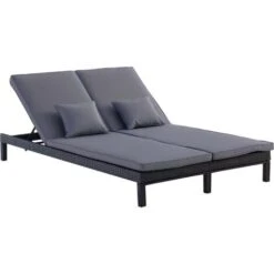 Outsunny 2 Person Rattan Lounger Adjustable Double Chaise Chair W/ Cushion Black