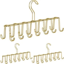 Set Of 3 Relaxdays Belt Holders, Modern Metal Tie Rack, Compact, 14 Hooks, Wardrobe Organiser, Gold