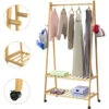 Wooden Clothes Rack With Castors Bamboo Stand 152x70x43 Cm 4 Hooks 2 Shoe Storage Shelves Clothing Free Standing